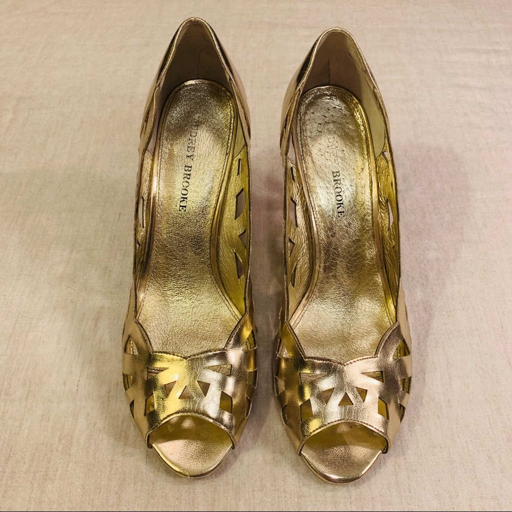 Audrey Brooke Golden Peep-Toe Stilettos